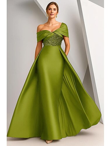  Ａライン トランペット／マーメイド フロア丈 イブニングドレス オーバースカート付きボールガウン フォーマルドレス エレガント きらびやかな 光沢タイプ ノースリーブ オフショルダー フォーマル 結婚式 レース ストレッチサテン ととも​​に プリーツ