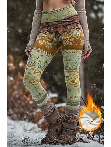  Kvinnenes Viking Boho Fleece Foret Leggings Leggings Ferie Vintage Etnisk Stil Full Lengde Høy Midje Blomster Grafisk Geometrisk Mønster 3D Trykk Termisk Varm Vindbestandig Komfortabel Stretchy