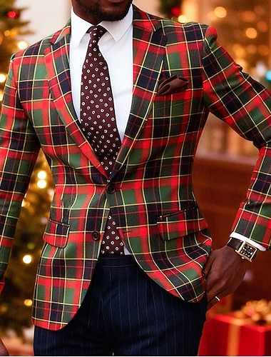  Herren Blazer Weihnachtsblazer Weihnachten Geschäft Cocktailparty Mode Lässig Frühling Herbst Polyester Karomuster Tasche Knöpfe Bequem Einreihig Blazer Dunkelrot Rote