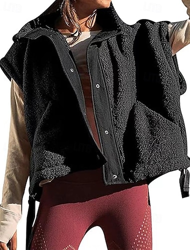  Damen Fleeceweste Weste Warm Bequem Tasche Knöpfe Lässig Einfarbig Urlaub Straße Lässig Alltagskleidung Regulär Umlegekragen Normale Passform Ärmellos Oberbekleidung Schwarz Braun Beige Herbst Winter