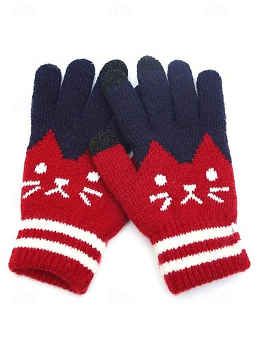  Dámské pletené rukavice s dotykovou obrazovkou, vícebarevné, s kočičím vzorem, útulný zimní doplněk