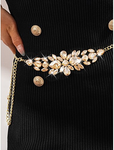  سلسلة خصر نسائية مرصعة بأحجار الراين الكريستالية - إكسسوار حزام ذهبي لامع لحفلات رأس السنة الجديدة الأنيقة والحفلات الراقصة &فعاليات الرقص الرسمية