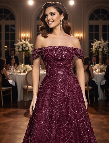  A-Linie Bodenlange Schleppe Perlenbestickt Abendkleid Kleid der Brautmutter Abendkleid Elegant Vintage Glitzernd Ärmellos Schulterfrei Hochzeit Formell Tüll Paillettenbesetzt mit Glitzer Perlen