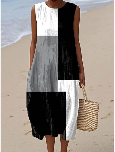  Femmes Robe Midi Robe fourreau Robe d'Été Robe trapèze Vacances Occasionnel Boho Plage Sortir Coupe Ample Graphique Géométrique Sans manches Col Rond Gris vert Noir Rose Claire Kaki Été Printemps