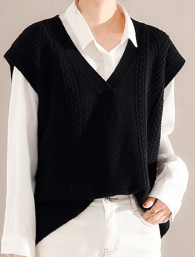  Dámské Svetr Rolák Vinobraní Šik ven Na běžné nošení Pevná barva Do V Pletený Bez rukávů Běžné topy Plést Denní Dovolená Jdeme ven Černá Rubínově červená Podzim Zima