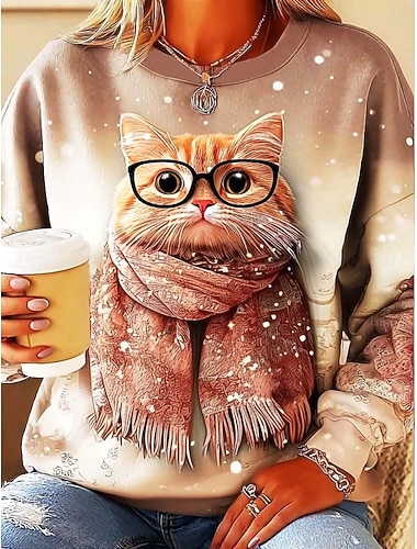  Dame Gensere Grafisk Dyr Katt Fritid Langermet Crew-hals Vanlige topper Gate Hverdag Avslappet Trykt mønster Rosa Lilla Kakifarget Grå Vår Høst Vinter