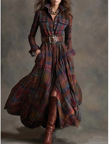  בגדי ריקוד נשים שמלת מקסי שמלת שיפט חופשה יום יומי בוהו יומי רגיל משובץ שרוול ארוך דש פול צהוב כהה ירוק עמוק שחור אביב סתיו חורף