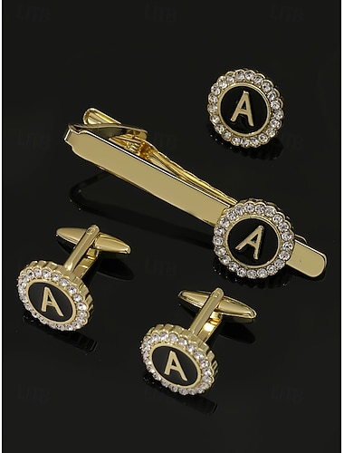  Sett med slipsklype, mansjettknapper og jakkeslagsnål i legering for menn – elegant design i svart og gull med krystalldetaljer, personliggjort med 26 initialer, perfekt gave til formelle arrangementer og forretningsantrekk