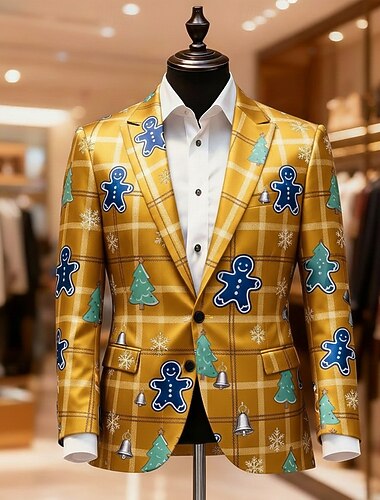  Noël Homme Bonhomme en pain d'épices Veste blazer Manteau Confortable Artistique Occasionnel Tenue de soirée Quotidien Festival Impression 3D Nouveauté Boutons Automne & Hiver Cranté manche longue