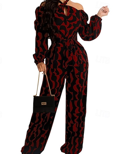  Γυναικεία Κανονικό Φόρμες Κομψό Συμπαγές Χρώμα Μακρυμάνικο Φανάρι μανίκι Πλατύ Πόδι Λαιμός Με Κορδόνια Διακοπές Σπίτι Κανονικό Κρασί Φθινόπωρο