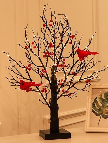  Drzewo kardynalne światełka bożonarodzeniowe vintage świecące drzewo vintage świecące drzewo z kardynałami i jagodami lampka migocząca z oświetlonymi gałęziami czerwony ptak do dekoracji stołu na