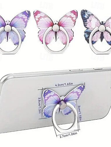  Suport inelar pentru telefon cu model drăguț de fluture - suport metalic pentru degete cu rotație de 360 de grade și inel cu buton pentru o prindere sigură