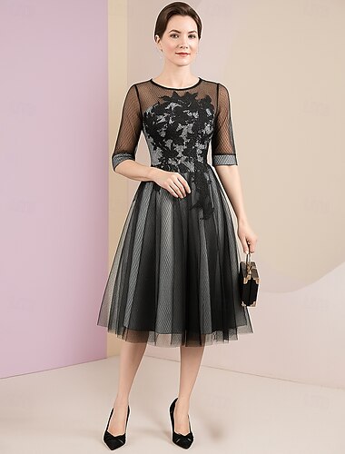  A-linje Telång Balklänning Festklänning Swingklänning Kortärmad Rund hals Elegant Vintage party Bröllopsgäst Polyester Klänning till brudens mor med Broderad Färgblock