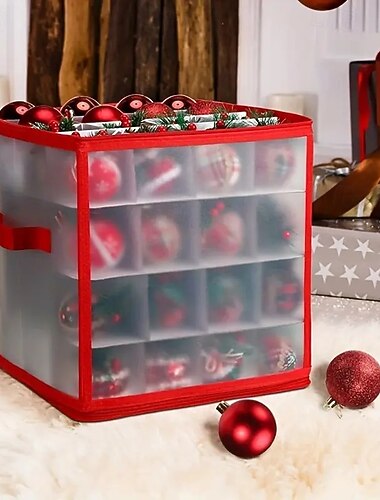  Förvaringslåda för julgranskulor med 64 fack, 30x30x30 cm julförvaringsbehållare, dragkedja med julgranskulor och handtag, lämplig för juldekorationer, smycken och presenter