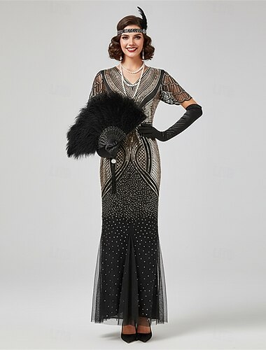  Set Glada 20-talet 1920-talet Ankellång Lång längd Klänningar Aftonklänning Kläder med tillbehör Illusion ärm Korta ärmar Den store Gatsby Bröllopsgäst Paljetter Paljett Halloween V-hals