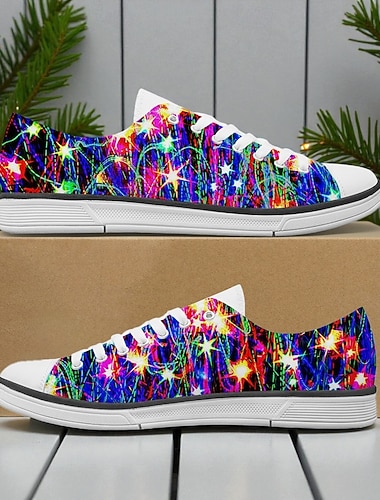  Zapatillas deportivas para hombre con estampado de luces navideñas: coloridas decoraciones navideñas LED estampadas, zapatillas de lona transpirables ideales para un look casual de invierno, fiestas navideñas y como regalo.