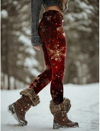  女性用 レギンス 旅行度假风 ヴィンテージ ファッション 全長 ハイウエストPantsクリスマス グラフィック クリスマス プリント 保温 ソフト 高通気性 伸縮性あり アウトドア バケーション ストリート クラレット 夏 春 秋 冬 スリムフィット