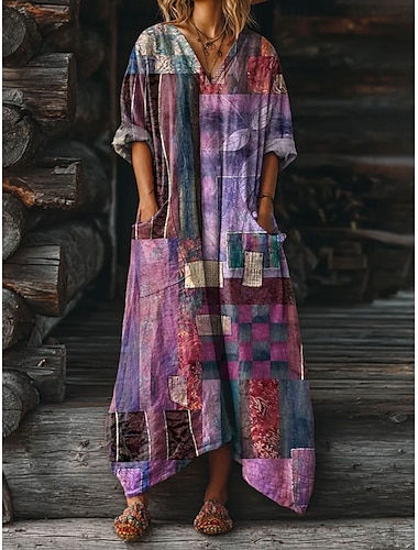  Damen Midi Kleid Boho Maxi Kleid A-Linie Kleid Urlaub Lässig Lockerer Schnitt Grafisch Geometrisch Abstrakt Langarm V-Ausschnitt Blau Lila Grün Beige Frühling Herbst