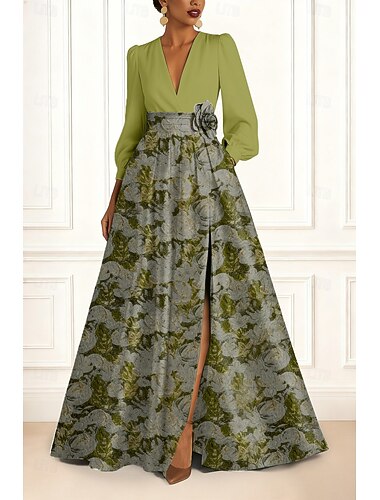  Vestido de Noche A-Line de Brocado Jacquard Floral Vestido Formal Elegante Boda Formal Largo hasta el Suelo Manga Larga Cuello en V Bolsillo Satén con Abertura Fruncida