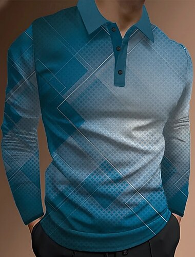  Férfi Absztrakt Geometriai Póló Hosszú ujj Pólóingek Hajtóka Alkalmi Utca Sportruházat Hétköznapi viselet 3D nyomtatás Gombok Tavasz Ősz Tél Kék 1 Medence Bíbor