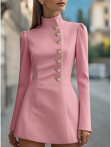  Жен. Мини-платье Платье-футляр Полуформальные платья Офис Стандартный Полотняное плетение Длинный рукав Вырез под горло Черный Белый Розовый Весна Осень Зима