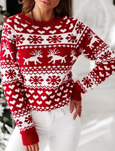  Dámské Svetr Rolák Módní Šik ven Na běžné nošení Grafika Tričkový Pletený Tisk Dlouhý rukáv Běžné topy Plést Vánoce Denní Dovolená Bílá Rubínově červená Podzim Zima