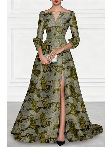 Florales Jacquard Brokat A-Linien Abendkleid Elegantes Formelles Kleid Formelle Hochzeit Bodenlang 3/4 Länge Ärmel V-Ausschnitt Nylon mit Schleife(n) Schlitz