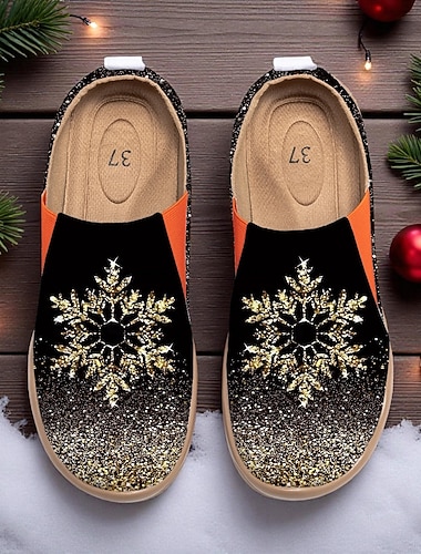  scarpe slip-on da donna con fiocco di neve dorato: calzature scintillanti per le feste di Natale, le riunioni di famiglia e le gite invernali informali