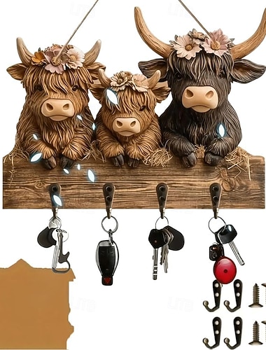 Portachiavi rustico in legno a forma di mucca delle Highlands, ornamento da appendere con 4 ganci, ganci portachiavi a forma di testa di toro da parete, appendiabiti decorativo, tre adorabili mucche,