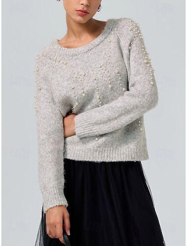  Dámský šedý perleťový korálkový kulatý výstřih s dlouhým rukávem, pletený svetr, ležérní, denní, podzimní, zimní