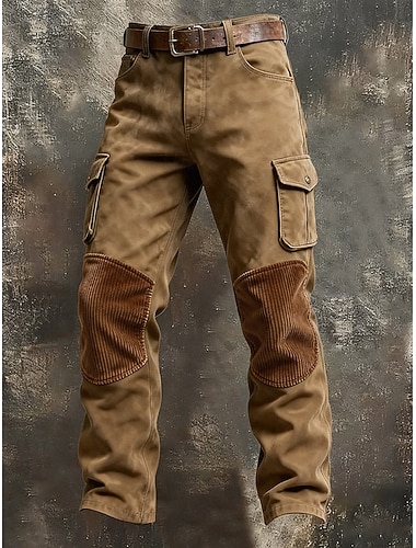  男性用 カーゴパンツ ズボン コーデュロイパンツ ボタン マルチポケット カラーブロック 耐久性 アウトドア 日常 キャンピング＆ハイキング ファッション クラシック ブラウン ダックグレー