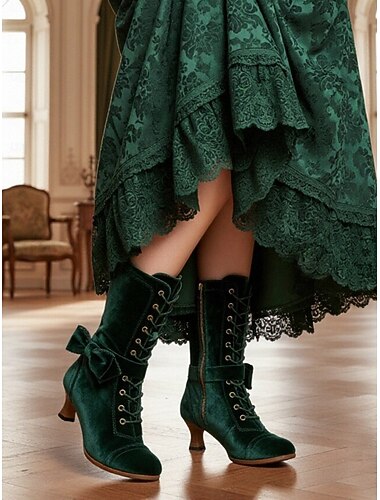  Dámské zelené sametové šněrovací kozačky s mašlí a zipem – elegantní viktoriánský styl 20. let 20. století, ideální pro formální příležitosti, zimní módu a milovnice vintage stylu