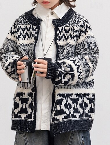  Barn Gutt Genser Geometrisk Langermet Knapper utendørs Mote Svart Vinter Klær 4-12 år