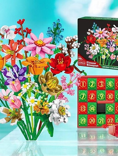  Calendario de Adviento de 24 días con bloques de construcción, ramo de flores y cuenta atrás para Navidad. Caja sorpresa para niños y adultos. Regalo navideño para armar.