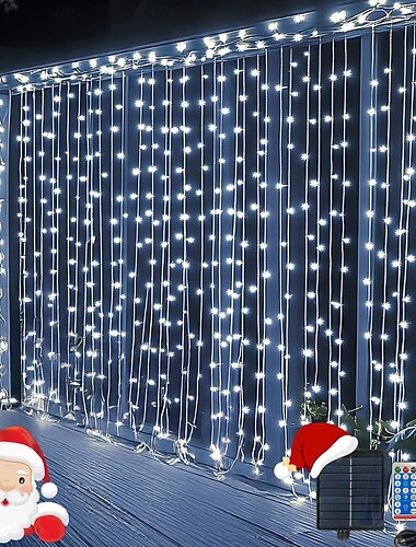  Vorhanglicht 10 * 10Ft 300 Leds 8 Funktionen Fernbedienung Solar Hängende Lichterkette Innen- und Außenanlagen wasserdicht Innenhof Eaves Party Hochzeit Festdeko Lichter USB-Ladung