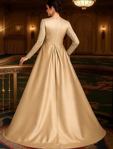  A-Linie Bodenlang Abendkleid Überrockkleid Langarm Rundhalsausschnitt Elegant Vintage Glanz & Glamour Polyester Brautmutterkleid mit Paillette