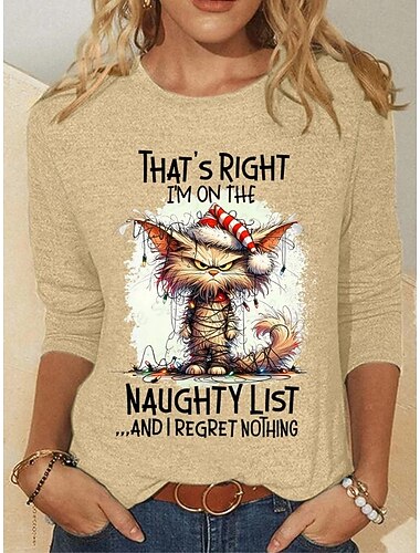  Jul Dame T skjorte Grafisk Dyr Katt Årgang Mote Stilfull Langermet Crew-hals Rund hals Vanlige topper Daglig Helg Trykt mønster Blå Svart Hvit Gul Rosa Høst Vinter