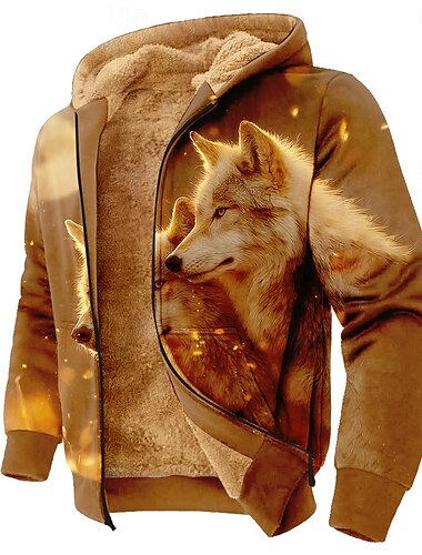  Per uomo Lupo Pile Felpa con Cappuccio Felpa Moda Quotidiano Semplice Casual Girocollo All'aperto Arrampicata Marrone Con zip Autunno Inverno progettista S M L XL 2XL 3XL