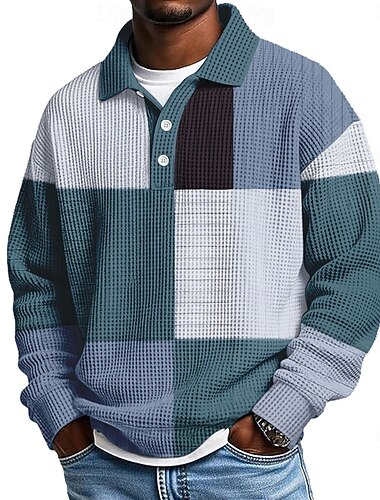  Voor heren Lapwerk Wafel Poloshirts Lange mouw Poloshirt Revers Casual Sportkleding Alledaagse kleding 3D-afdrukken Lente Herfst Winter Rood Groen Grijs