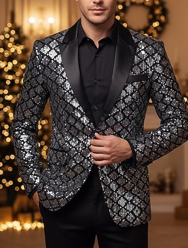  Miesten Blazer-takki Bleiseri Pystykäänne Juhla Kimaltava Vapaa-aika Painettu Hopea Musta Normaali