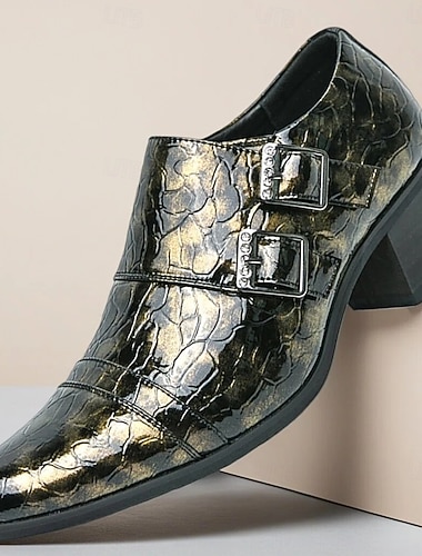  Pánské černo-zlaté boty s krokodýlím vzorem a páskem - prémiová umělá kůže, luxusní design s dvojitými přezkami, ideální pro formální události, svatby a obchodní příležitosti