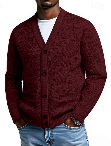  Per uomo Felpa Cardigan A Coste Maglia Top Regolari Bottoni Semplice Scollo a V Moda Streetwear Vacanza Casuale Abbigliamento Autunno Inverno Borgogna Blu S M L