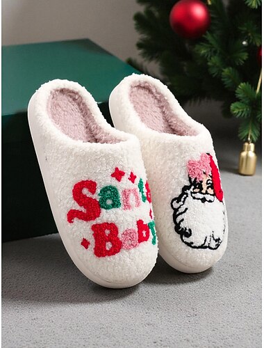  נעלי בית לבנות לנשים בסגנון סנטה קלאוס - נעלי בית מפנקות וחמודות עם עיצוב מצויר של סנטה קלאוס, נעליים חמות ונוחות לחורף בבית