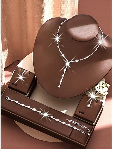  Zestaw biżuterii damskiej ze złota z kryształkami - elegancki naszyjnik w kształcie litery Y, wiszące kolczyki &bransoletka, błyszczące kryształowe dodatki na studniówki, imprezy &wydarzenia formalne