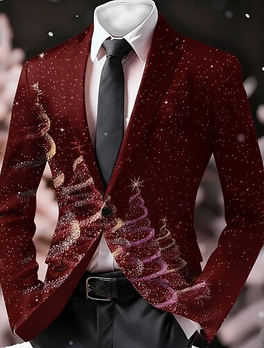  Jul Herre Juletræ Blazer jakke Frakke Bekvem Åndbart Kunstnerisk Afslappet Festaftentøj Daglig Festival 3D-udskrivning Knapper Efterår vinter Hakrevers Langærmet Sort Rød Grøn