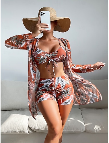 Damen Bikini 3-Teilig Badeanzug Palm Boy Leg Slim Rückenfrei Urlaubs Strandbekleidung Floral Halterneck Ärmellos Lange Ärmeln Bademode