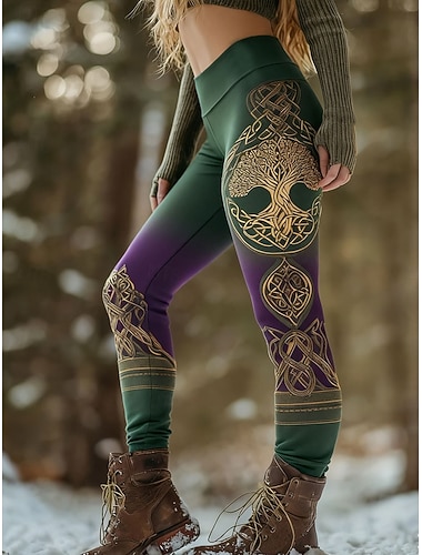  女性用バイキングボヘミアンレギンス バケーション ビンテージ エスニックスタイル フルレングス ハイウエスト グラフィックツリー グラデーション クイックドライ 通気性 ソフト ストレッチ フォーマル アウトドア バケーション 緑 春 秋 冬 スリムフィット