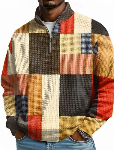  Herren Geometrisch Karomuster Waffel Pullover Mode Täglich Klassisch Lässig Stehkragen Viertelreißverschluss Outdoor Heim Büro Arbeit Blau Orange Grün Grau Reißverschluss Herbst Winter Designer S M L