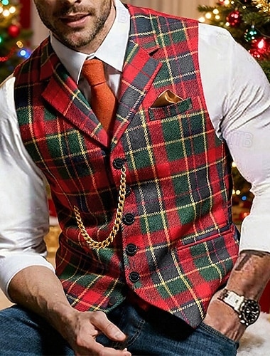  Miesten Liivi Liivit Gilet Joulu Loma Juhla Joulu Muoti Syksy Talvi Tasku Napit Polyesteri Mukava Skottiruutukuvio Yksirivinen yksi nappi Kauluskäänne Normaali Tummanpunainen Rubiini Liivi