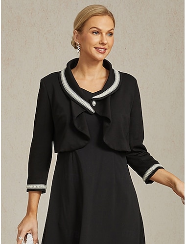  Mulheres Botão para cima Franzido Frufru Com Miçangas Elegante Manga 3/4 Decote V Tops curtos Trabalho Convidado do casamento Traje para coquetel Preto Primavera Outono Inverno